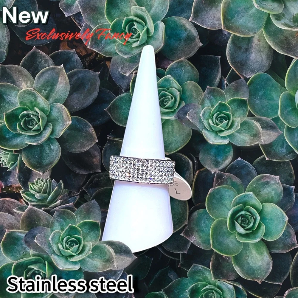 New Exclusively Fancy Stainless Steel 316L 5 Rows of AAA Crystal Ring Size 7